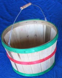 #868  1/2 Bushel Heavy Duty Basket, Natural Wood with Red and Green Bands, Handle, 12 pack
