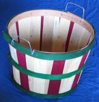 #871  1/2 Bushel Heavy Duty Basket, Natural & Dark Red Wood with Green Bands, Wire Handles, 12 pack