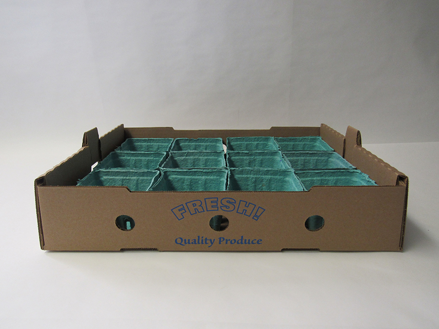 Item No 1281 12 Pint Flat Tray, 350 pack 12 pint flat tray kraft 18 3/4 x  12 7/8 x 4 1/8 inches tall OD, stackable, vented, 350 pack Detail Page