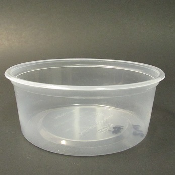 Item No 261 Round 8 oz. 1/2 Pint Plastic Container, Clear, microwaveable,  500 pack Dimensions: 4 1/2 inches outside diameter, 1 3/4 inches tall  Detail Page