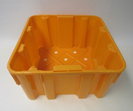 Item No. 818,  1 1/4 Bushel Harvesting Container, orange, plastic, vented, Qty: 6