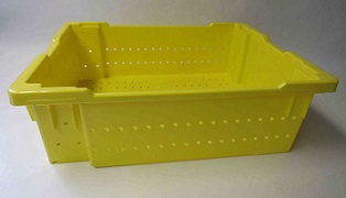 Item No 829  1 1/8 Bushel Harvesting Container, yellow, plastic, vented, 6-pack