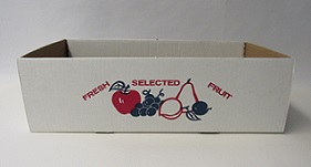 Item No 833,  12 Quart Strong Corrugated 175 # B Flat,  "Fresh Selected Fruit", white, 700 pack