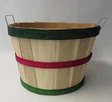Item No 903  One Bushel Basket, Natural Wood, Green & Red Bands, Wire Handles, 12 pack