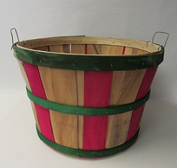 Item No 904  1 Bushel Basket, Natural with Green Bands and Red Stripes, Two wire handles, 12 Pack