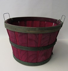 Item No 905  Bushel Basket, Dark Red Wood with Green Band, Wire Handles, 12 pack